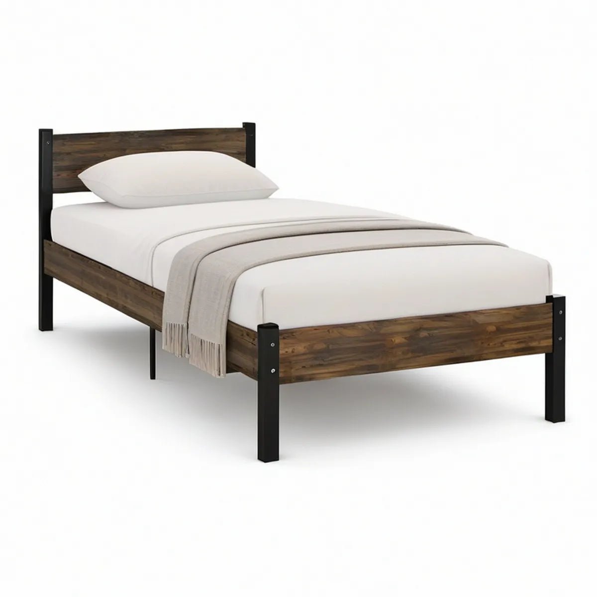 Cama Individual 90 x 190 cm em Pinho Maciço Castanho Escuro e Aço Preto