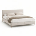 Cama de Casal Estofada Bege 160 x 200 cm com Cabeceira Acolchoada e Pés em Madeira