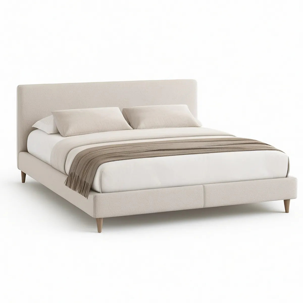 Cama de Casal Estofada Bege 160 x 200 cm com Cabeceira Acolchoada e Pés em Madeira