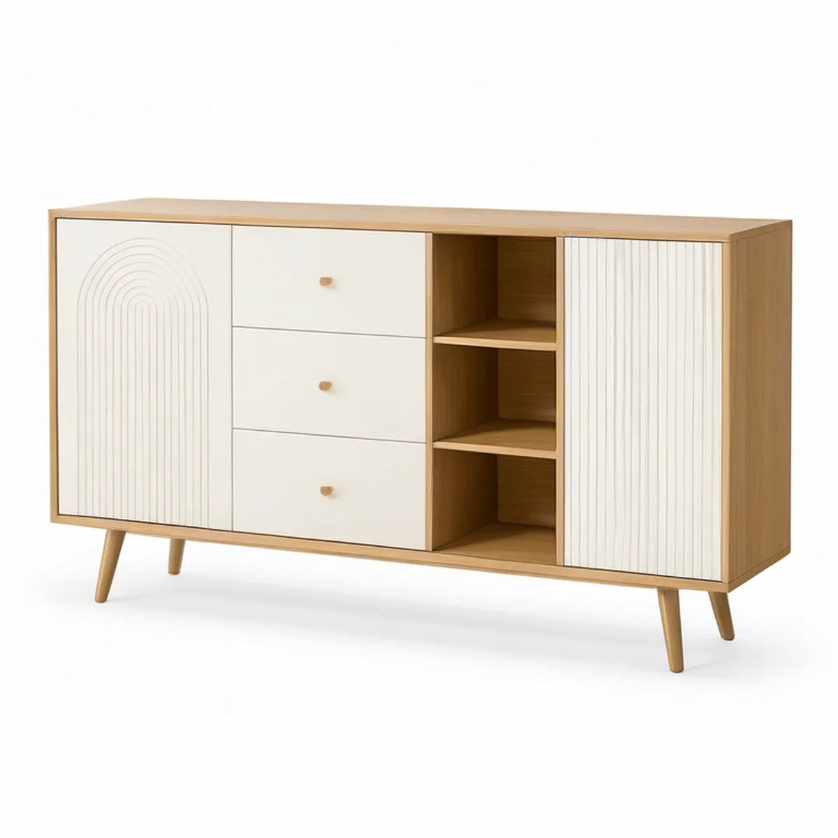 Aparador Retangular em MDF Branco e Carvalho Claro com 3 Gavetas, 2 Portas e Nichos, 160 x 40 x 80 cm
