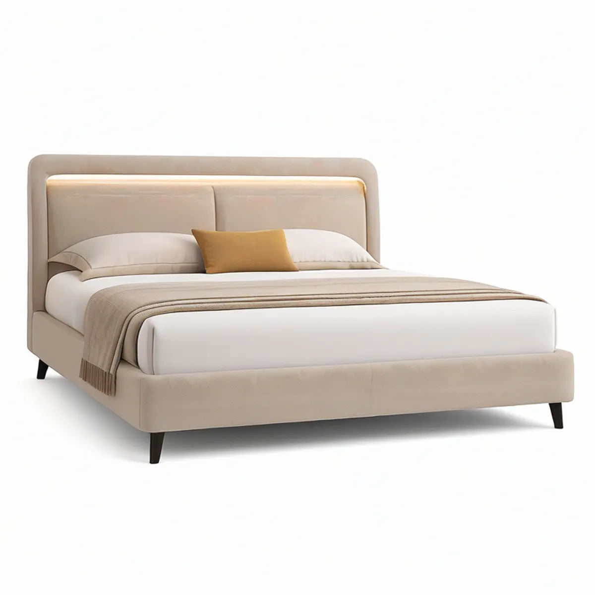 Cama de Casal Estofada Bege e Preta com Cabeceira LED, para Colchão 160 x 200 cm