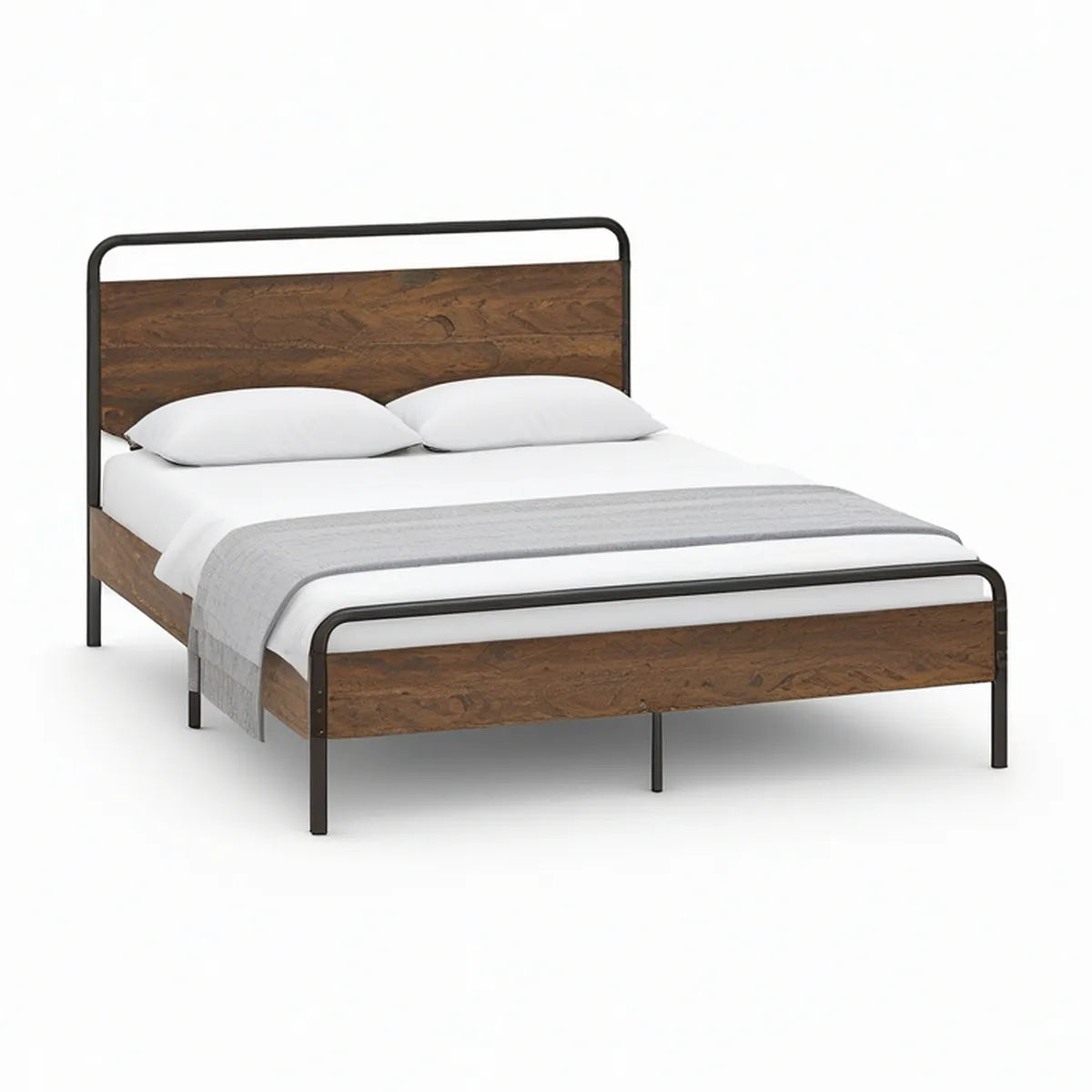 Cama de Casal 160 x 200 cm em Madeira Maciça de Mangueira Castanho-Escuro e Aço Preto
