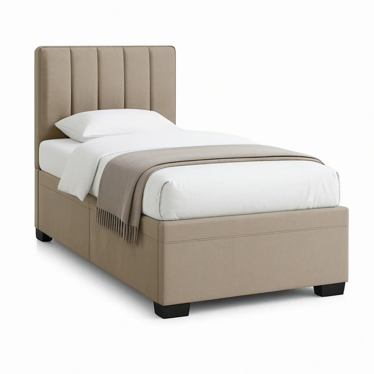 Cama Individual Estofada Bege Taupe com Cabeceira Acolchoada, 90 x 200 cm