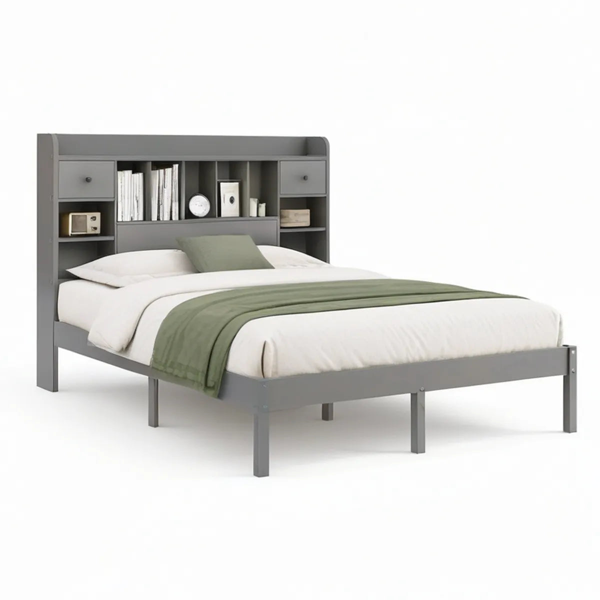 Cama de Casal 140 x 200 cm em MDF Cinzento com Cabeceira de Arrumação