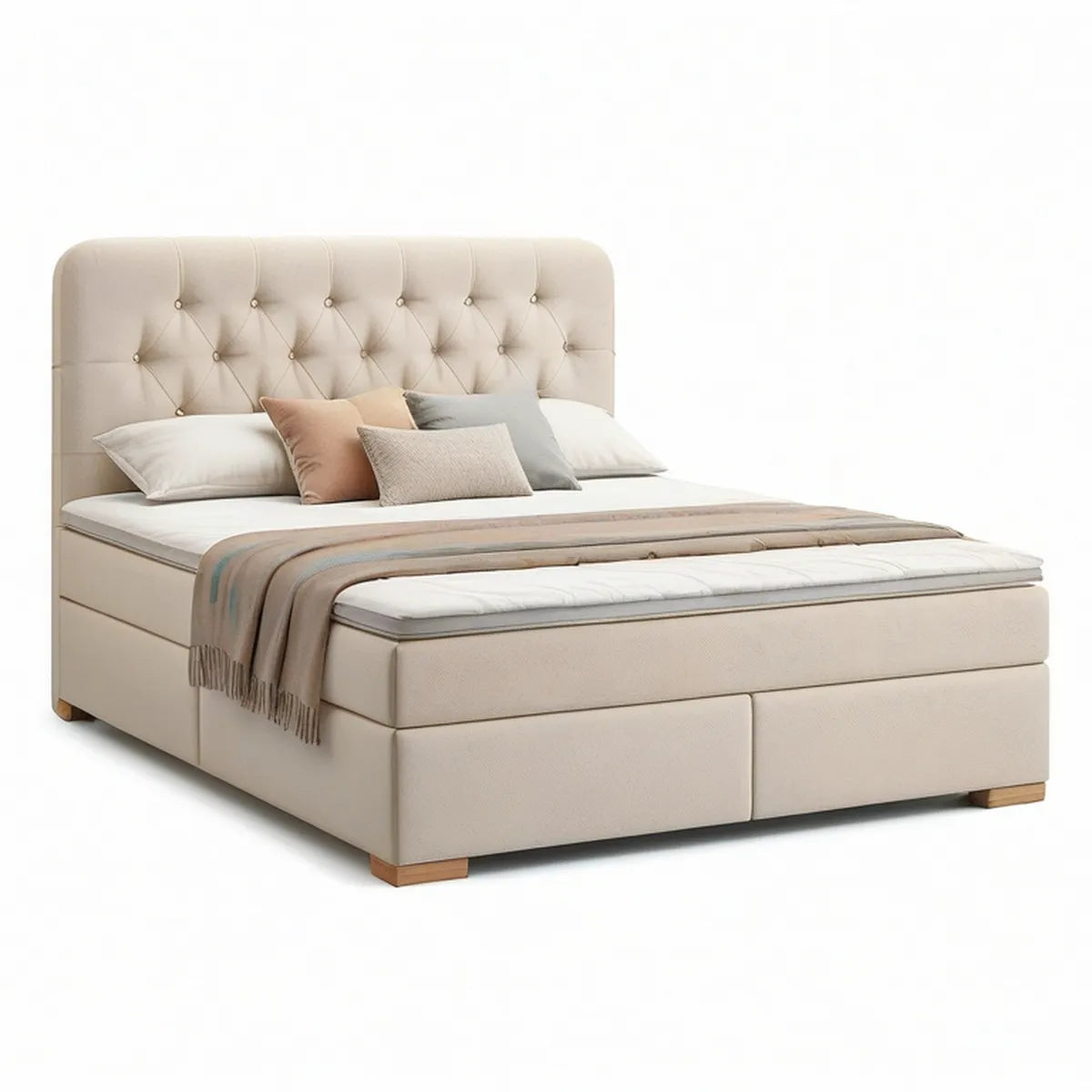 Cama Box Spring King Size em Poliéster Bege 180 x 200 cm