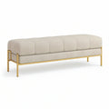 Banco de Pé de Cama Estofado Retangular em Poliéster Bege com Estrutura em Aço Dourado 150 x 45 x 48 cm